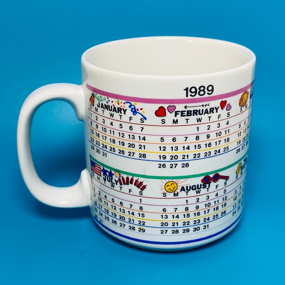 Vintage‎ 1989 Rainbow Calendar Coffee Mug 12oz Full Year Decorated Gift 80s Rare